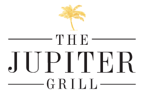 The Jupiter Grill, winner of 2026 Friends of Jupiter Beach Food & Wine Fest, logo. Black type with a yellow palm tree.