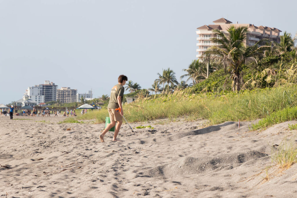 Wide view of the beach with volunteers in the distance.