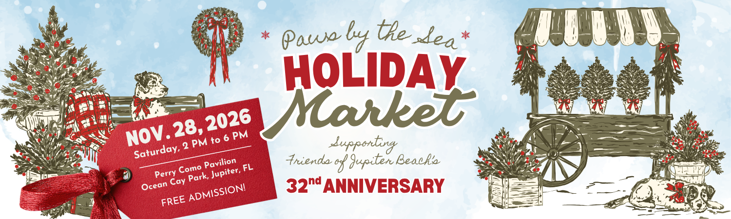 Paws by the Sea Holiday Market Banner with green and white holiday illustrations.