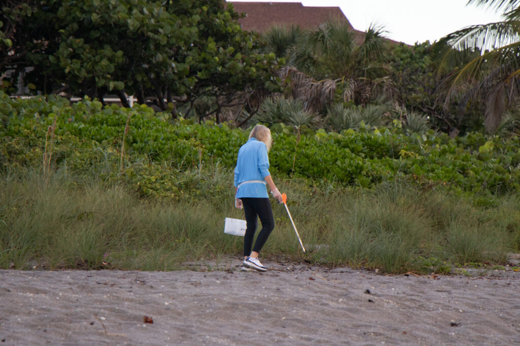 Beach cleanup volunteer walking along the beach vegetation with cleanup supplies.